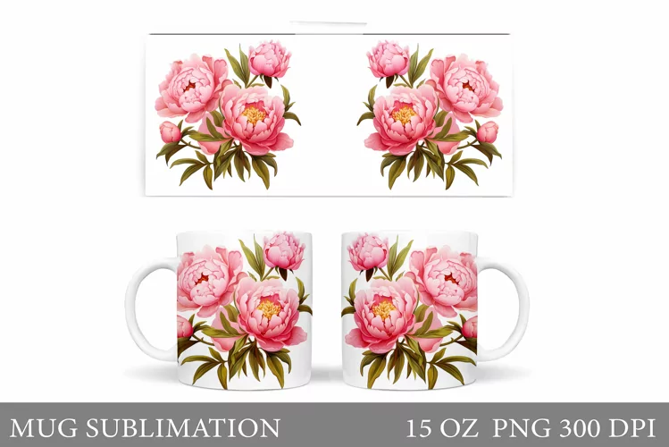 Peony Mug Design. Flowers Mug Sublimation