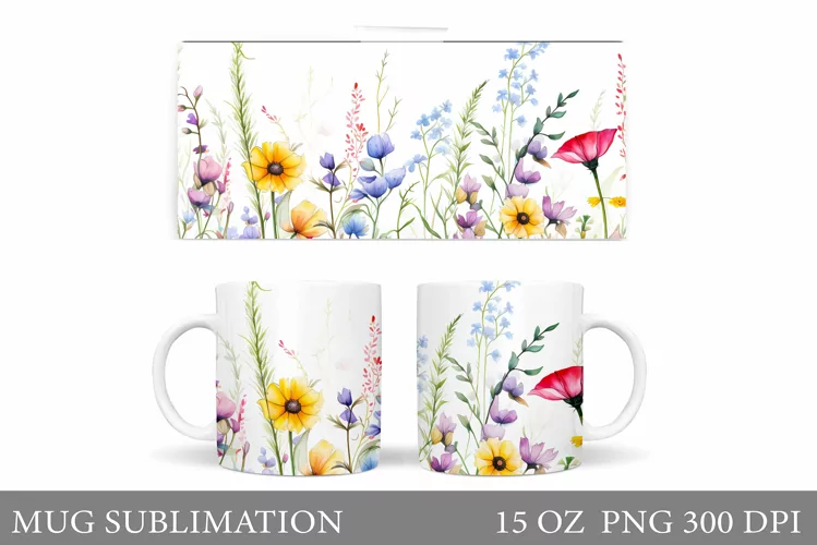 Wildflowers Mug Sublimation. Flowers Mug Wrap Design