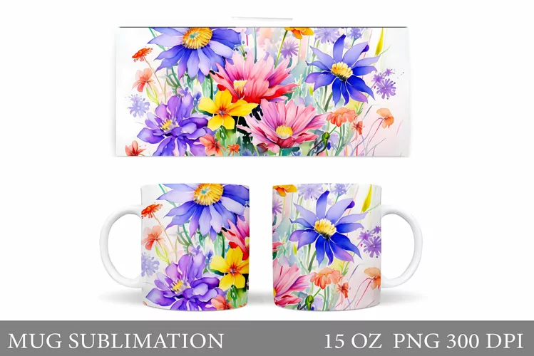 Flowers Mug Sublimation. Wildflowers Mug Wrap Design