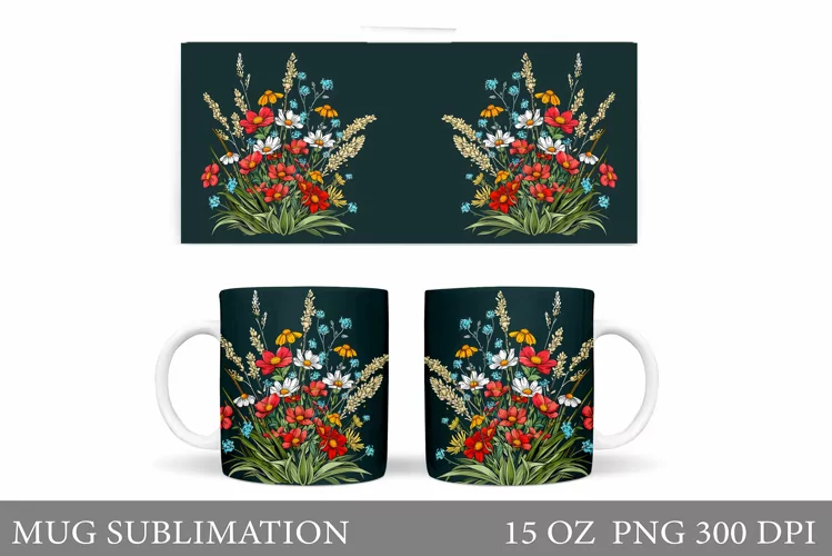 Flowers Mug Sublimation. Floral Mug Wrap Design