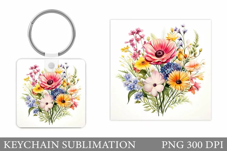 Flowers Square Keychain. Wildflowers Keychain Sublimation
