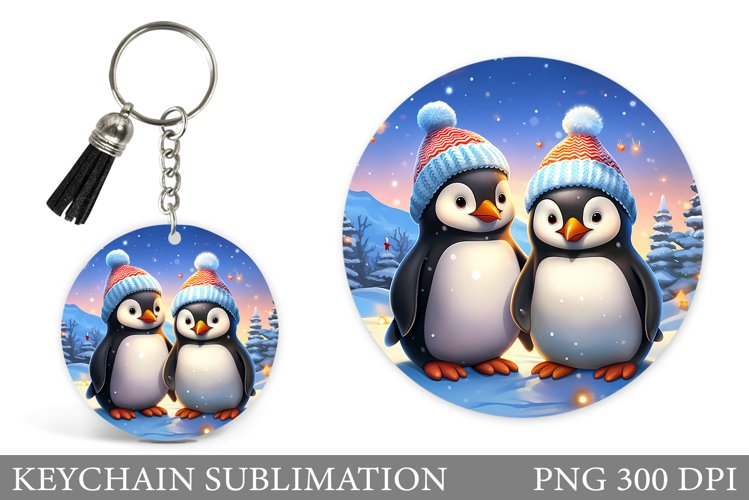 3D Christmas Penguin Keychain. Winter Penguin Round Keychain example image 1
