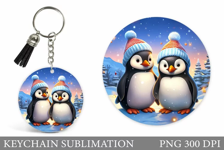 3D Christmas Penguin Keychain. Winter Penguin Round Keychain