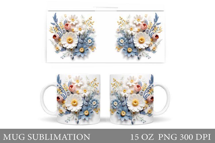 3D Flowers Mug Sublimation. Flowers Mug Wrap Design example image 1