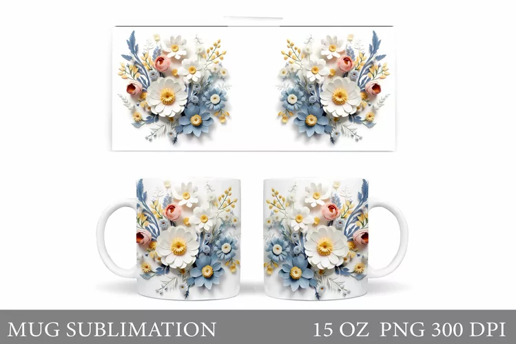 3D Flowers Mug Sublimation. Flowers Mug Wrap Design