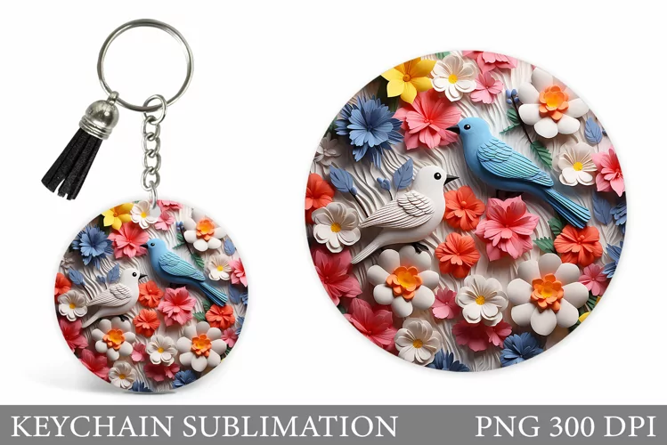 Birds Keychain Sublimation. Flowers Keychain Design