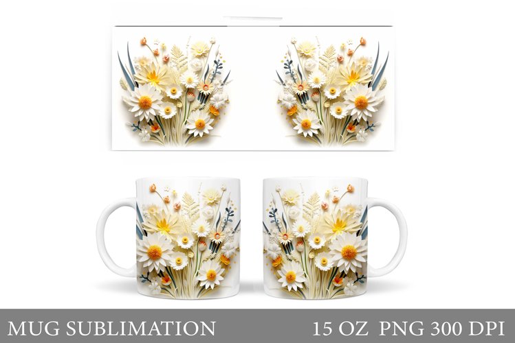 Wildflowers Mug Wrap Design. 3D Flowers Mug Wrap Sublimation example image 1
