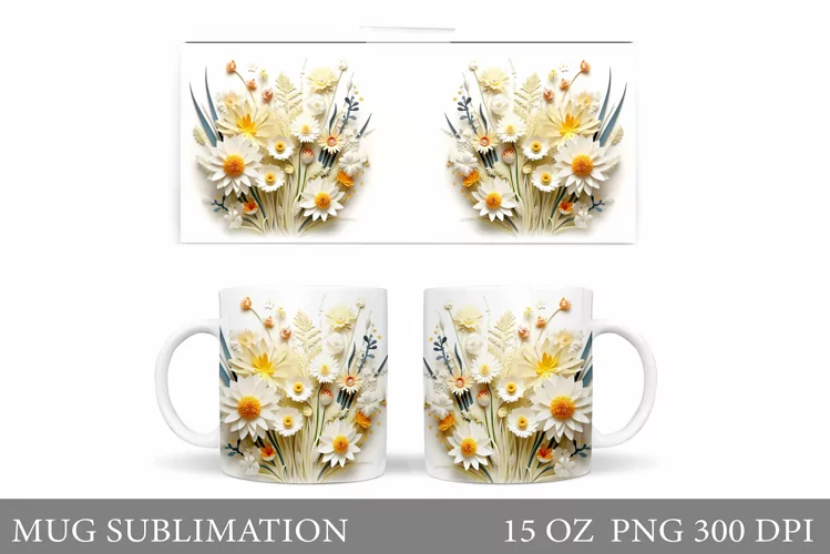 Wildflowers Mug Wrap Design. 3D Flowers Mug Wrap Sublimation