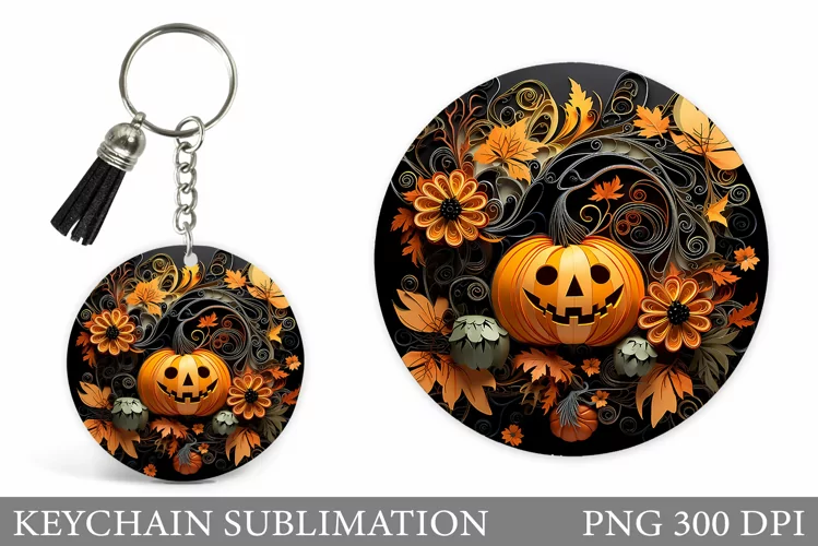Halloween Pumpkin Keychain. Pumpkin Flowers Round Keychain