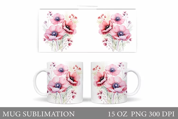 Flowers Mug Sublimation. Floral Mug Wrap Design