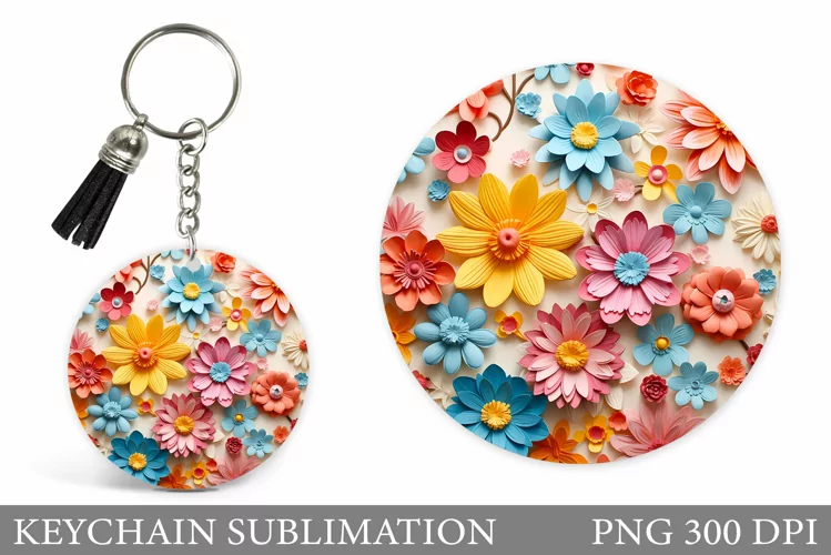 3D Flowers Keychain. Flowers Round Keychain