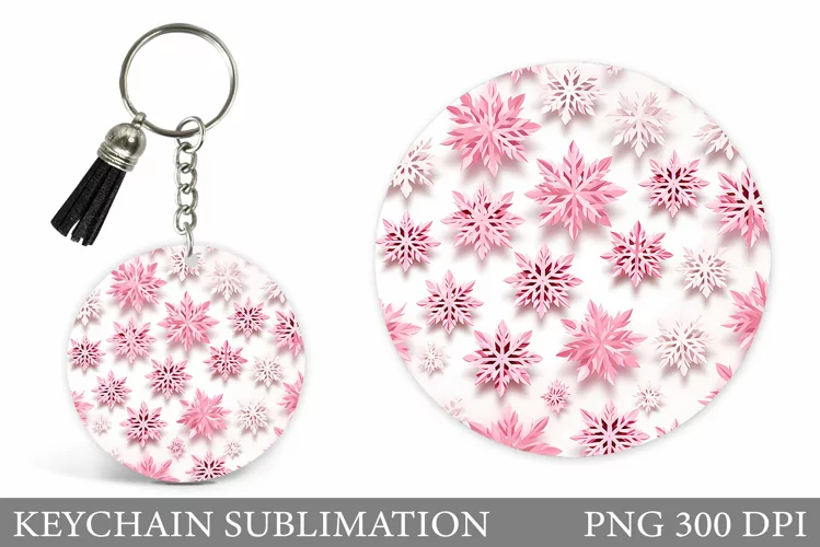 Pink Snowflakes Keychain. Snowflakes Round Keychain Design