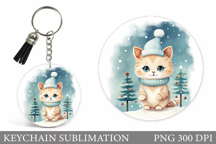 Christmas Cat Keychain. Winter Cat Keychain Sublimation