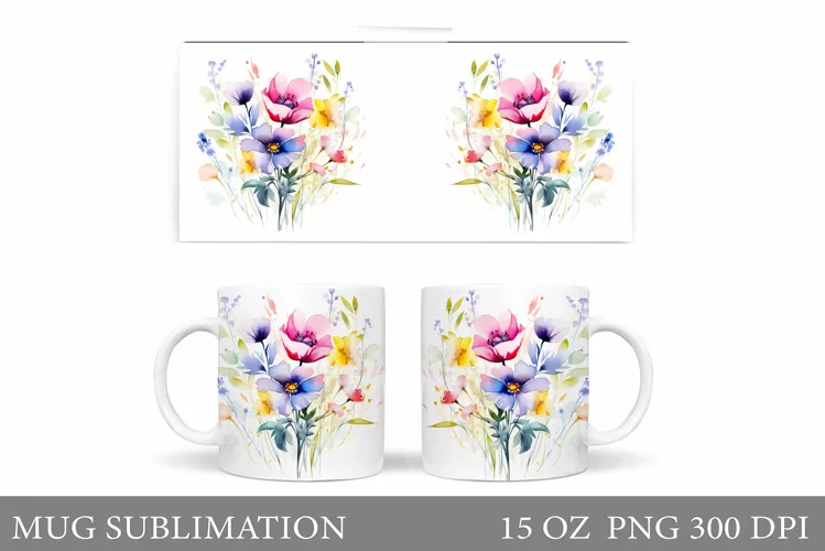 Flowers Mug Wrap Design. Wildflowers Mug Sublimation
