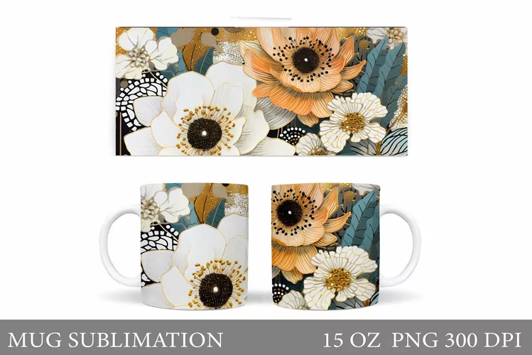 Flowers Mug Sublimation. Floral Mug Wrap Design
