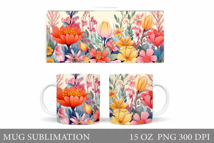 Flowers Mug Sublimation. Flowers Mug Wrap Design