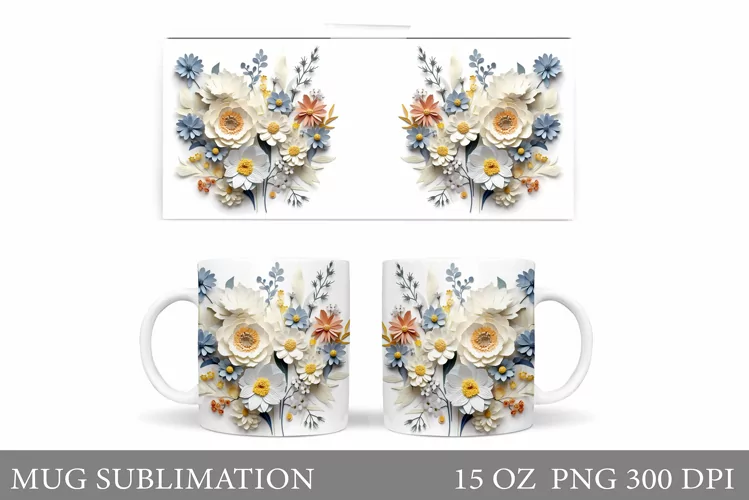 3D Wildflowers Mug Wrap Design. Flowers Mug Sublimation