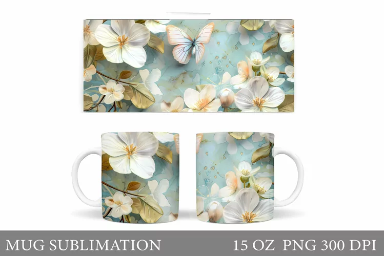 Butterfly Mug Sublimation. Flowers Mug Design