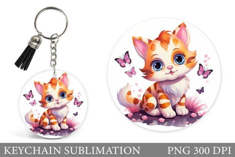 Cute Cat Keychain Sublimation. Cat Flowers Keychain Design example image 1