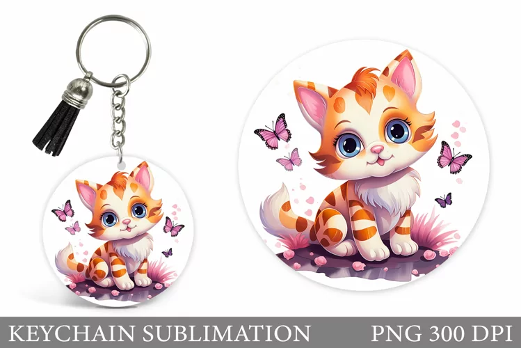 Cute Cat Keychain Sublimation. Cat Flowers Keychain Design