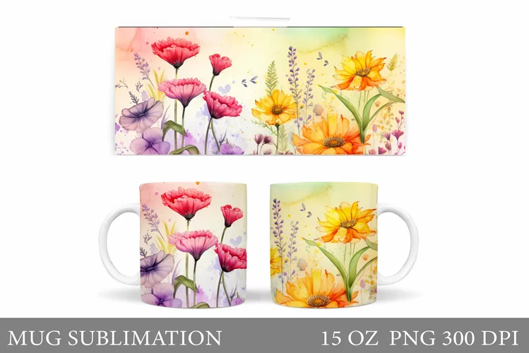 Flowers Mug Wrap Design. Wildflowers Mug Sublimation