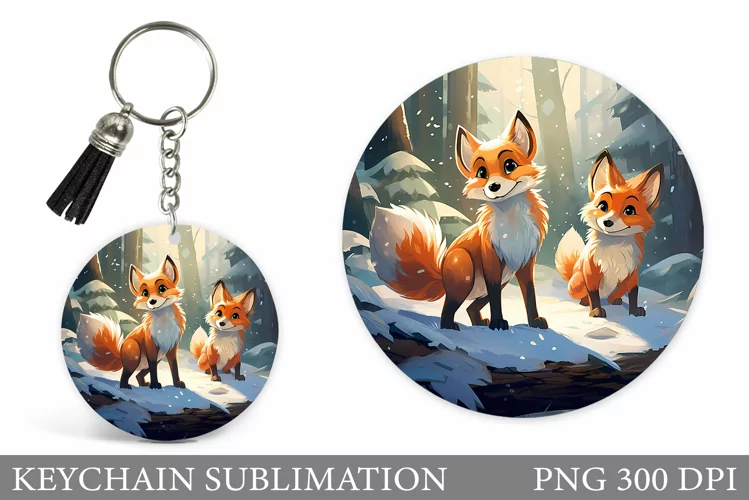 Fox Keychain Sublimation. Winter Fox Round Keychain Design