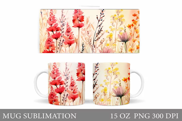 Flowers Mug Wrap Sublimation. Wildflowers Mug Wrap Design