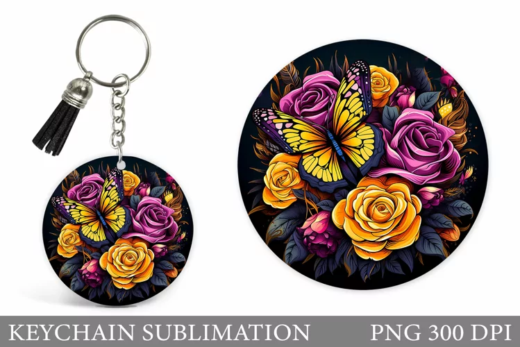 Butterfly Keychain Design. Flowers Keychain Template