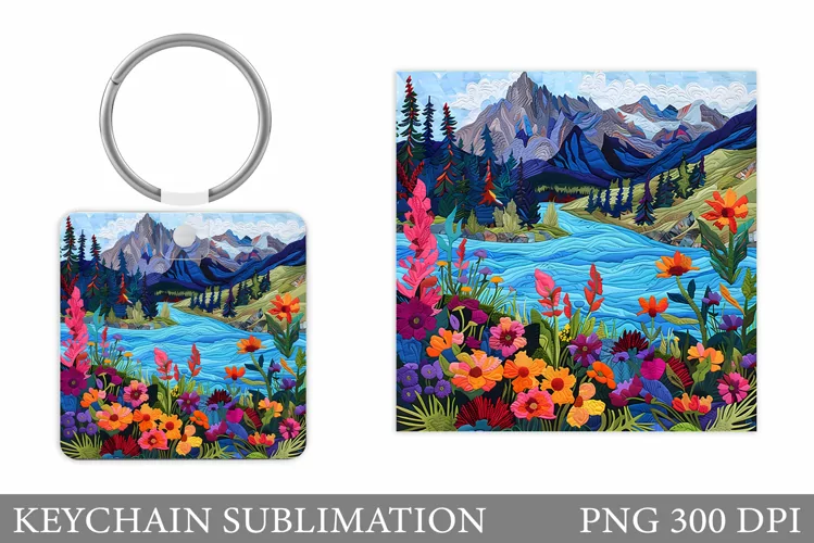 Wildflowers Keychain Design. Square Keychain Flowers