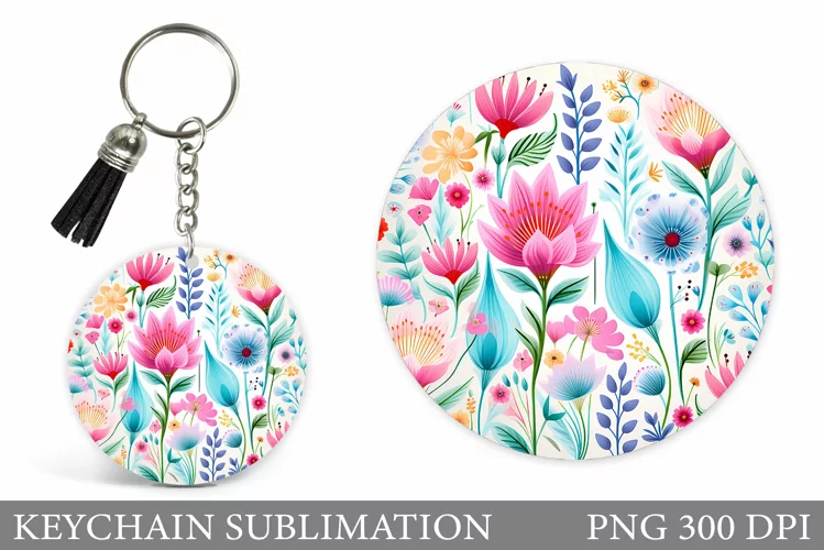 Flowers Keychain Sublimation. Floral Round Keychain Design