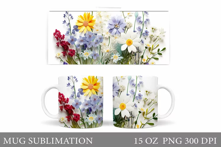 Wildflowers Mug Sublimation. 3D Flowers Mug Design
