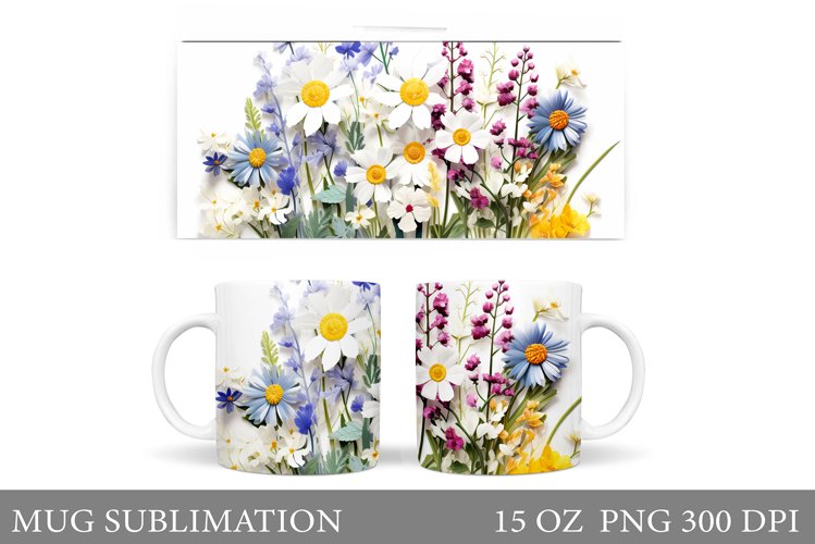 3D Wildflowers Mug Wrap Design. Flowers Mug Sublimation