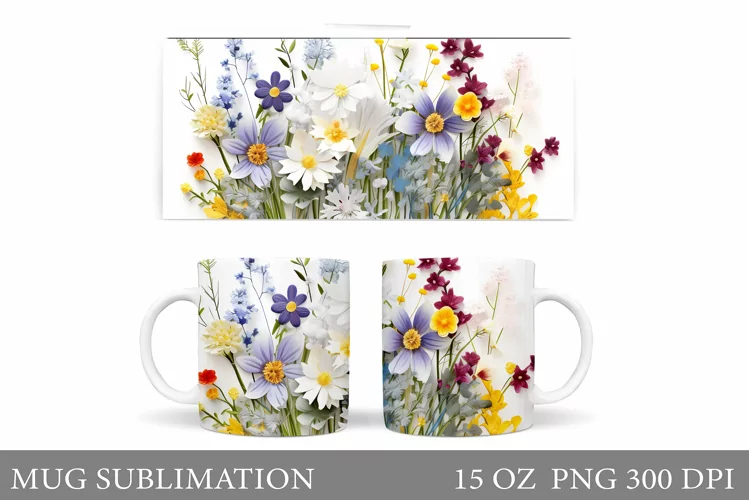 3D Wildflowers Mug Sublimation. Flowers Mug Wrap Design