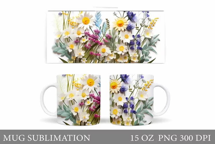 Wildflowers Mug Wrap Design. 3D Flowers Mug Wrap Sublimation