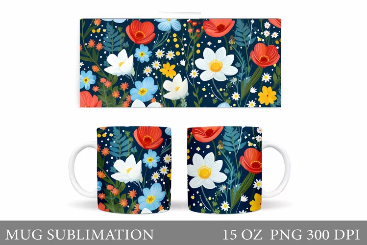 Flowers Mug Wrap Sublimation. Wildflowers Mug Wrap Design