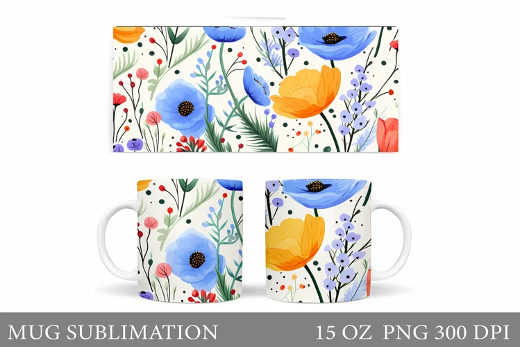 Flowers Mug Sublimation. Wildflowers Mug Wrap Design