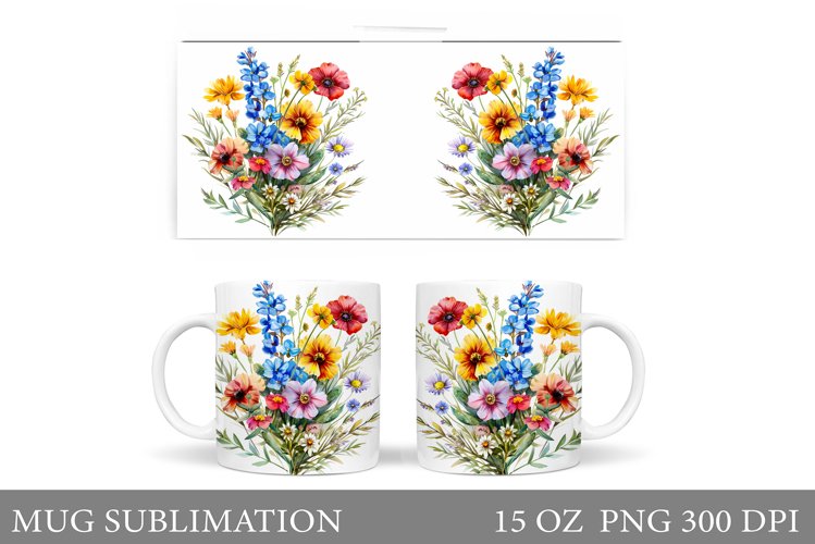 Wildflowers Mug Sublimation. Flowers Mug Wrap Design example image 1