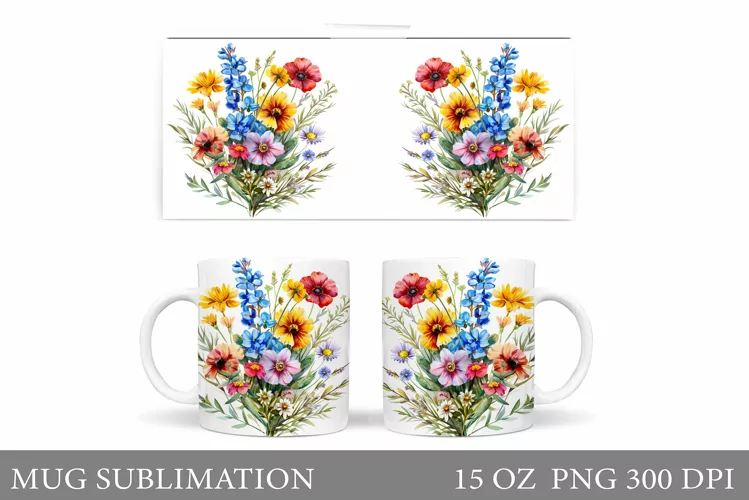 Wildflowers Mug Sublimation. Flowers Mug Wrap Design