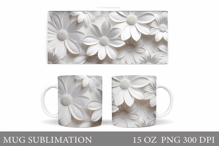 White Flowers Mug Design. Daisy Flowers Mug Sublimation