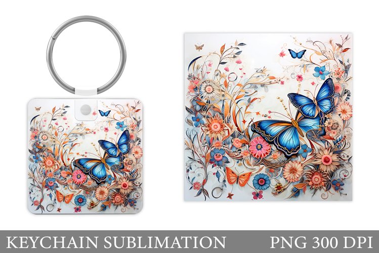 Butterflies Keychain Sublimation. Square Keychain Flowers example image 1