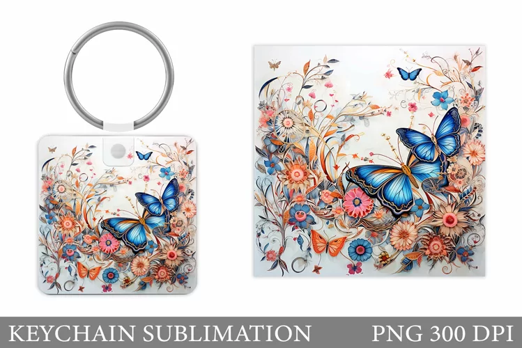 Butterflies Keychain Sublimation. Square Keychain Flowers