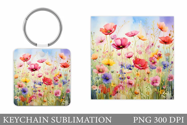 Flowers Square Keychain. Wildflowers Keychain Sublimation
