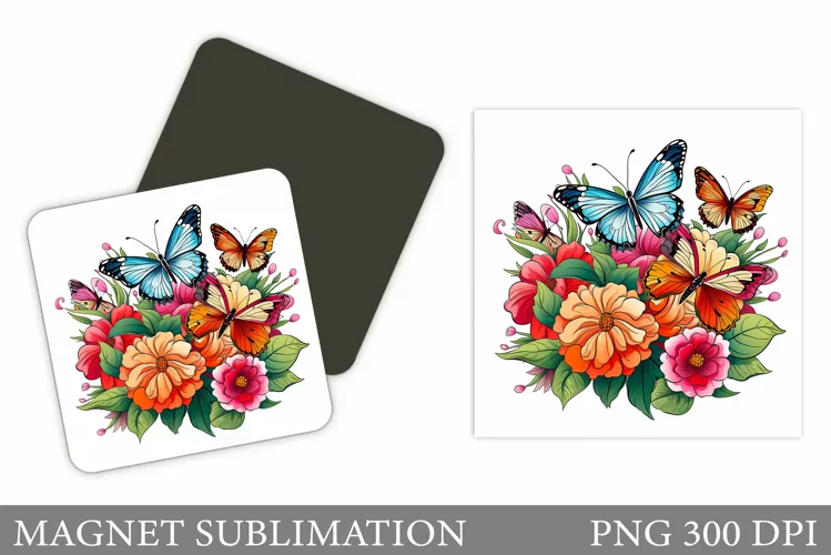 Butterflies Magnet Sublimation. Flowers Magnet Design