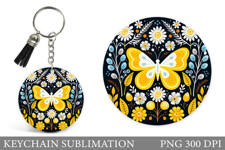 Butterfly Keychain Sublimation. Flowers Round Keychain