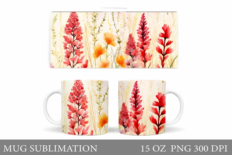 Flowers Mug Wrap Design. Wildflowers Mug Sublimation