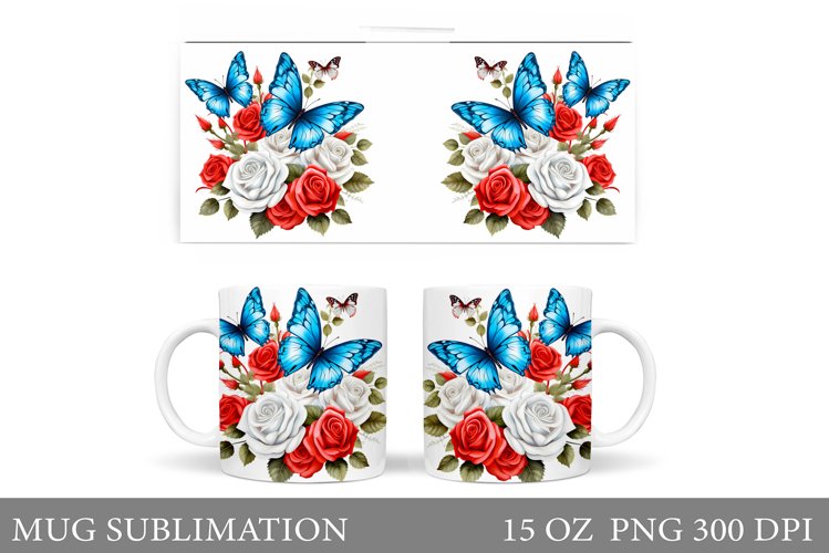 Butterflies Mug Sublimation. Flowers Mug Design