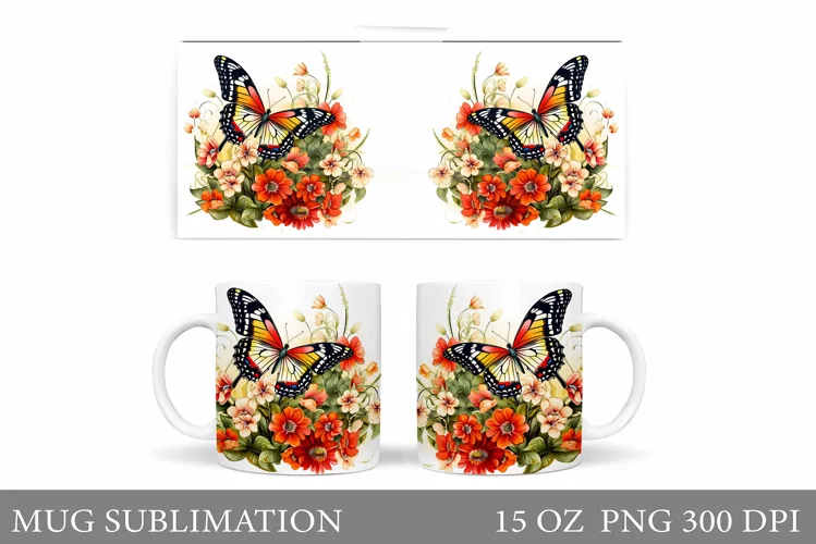 Butterfly Mug Sublimation. Butterfly Flowers Mug Design