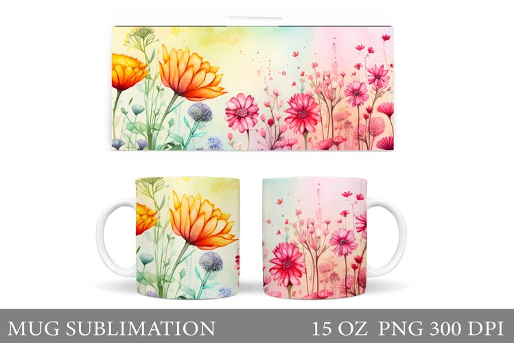 Wildflowers Mug Sublimation. Flowers Mug Wrap Template