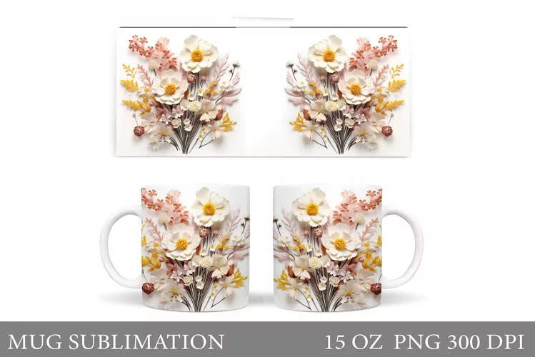 3D Flowers Mug Design. 3D Wildflowers Mug Sublimation