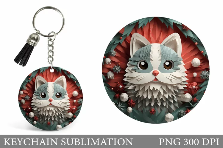 Cute Cat Keychain Design. Christmas Cat Keychain Sublimation